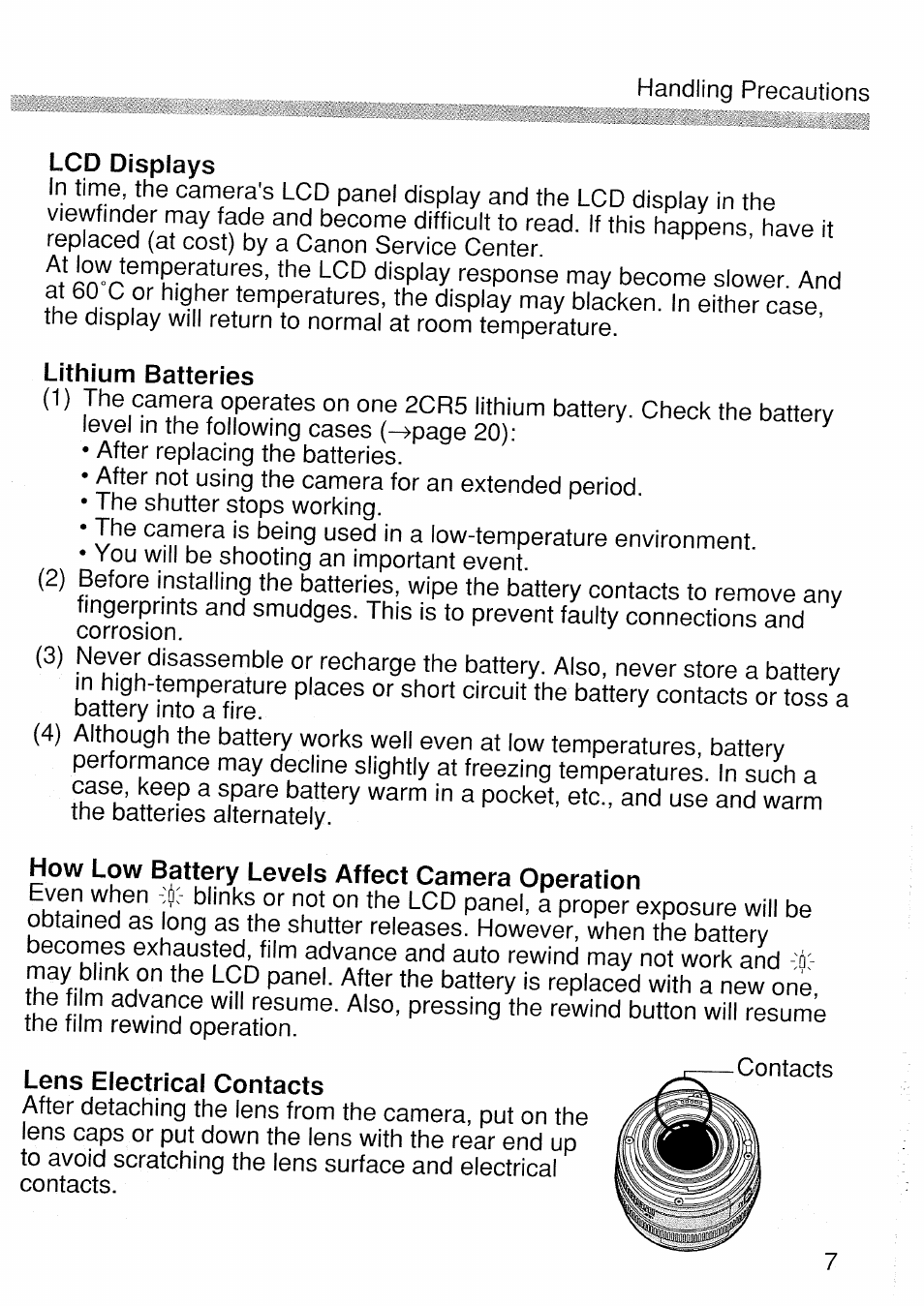 Lcd displays, Lithium batteries, How low battery levels affect camera operation | Canon EOS 1 V HS User Manual | Page 7 / 143