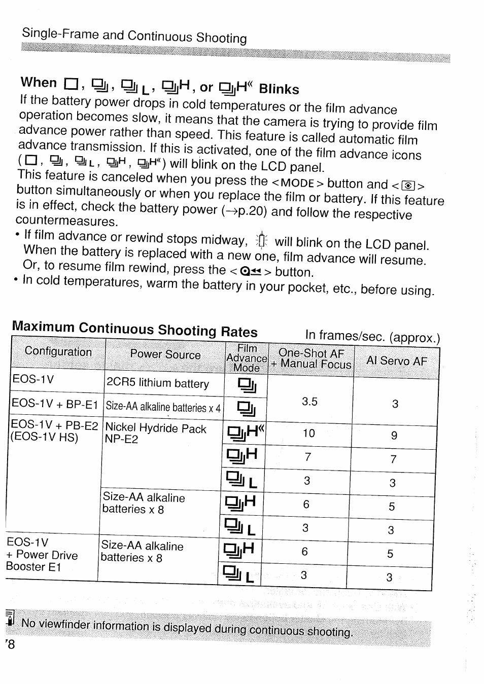 When □, q|, oil, q!|h,or qi|h« blinks, Qj|h, Qljh | Qjlh, When □, q|, o, Q!|h,or qi|h« blinks, Maximum continuous shooting rates | Canon EOS 1 V HS User Manual | Page 78 / 143