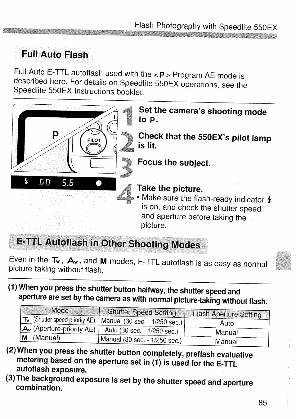 Set the camera’s shooting mode to p, Check that the ssoex’s pilot lamp is lit, Focus the subject | Take the picture, Full auto flash, E-ttl autoflash in other shooting modes | Canon EOS 1 V HS User Manual | Page 85 / 143