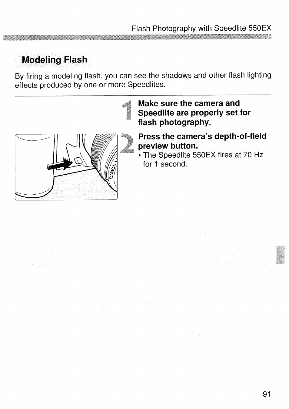 Modeling flash, Press the camera’s depth-of-field preview button | Canon EOS 1 V HS User Manual | Page 91 / 143
