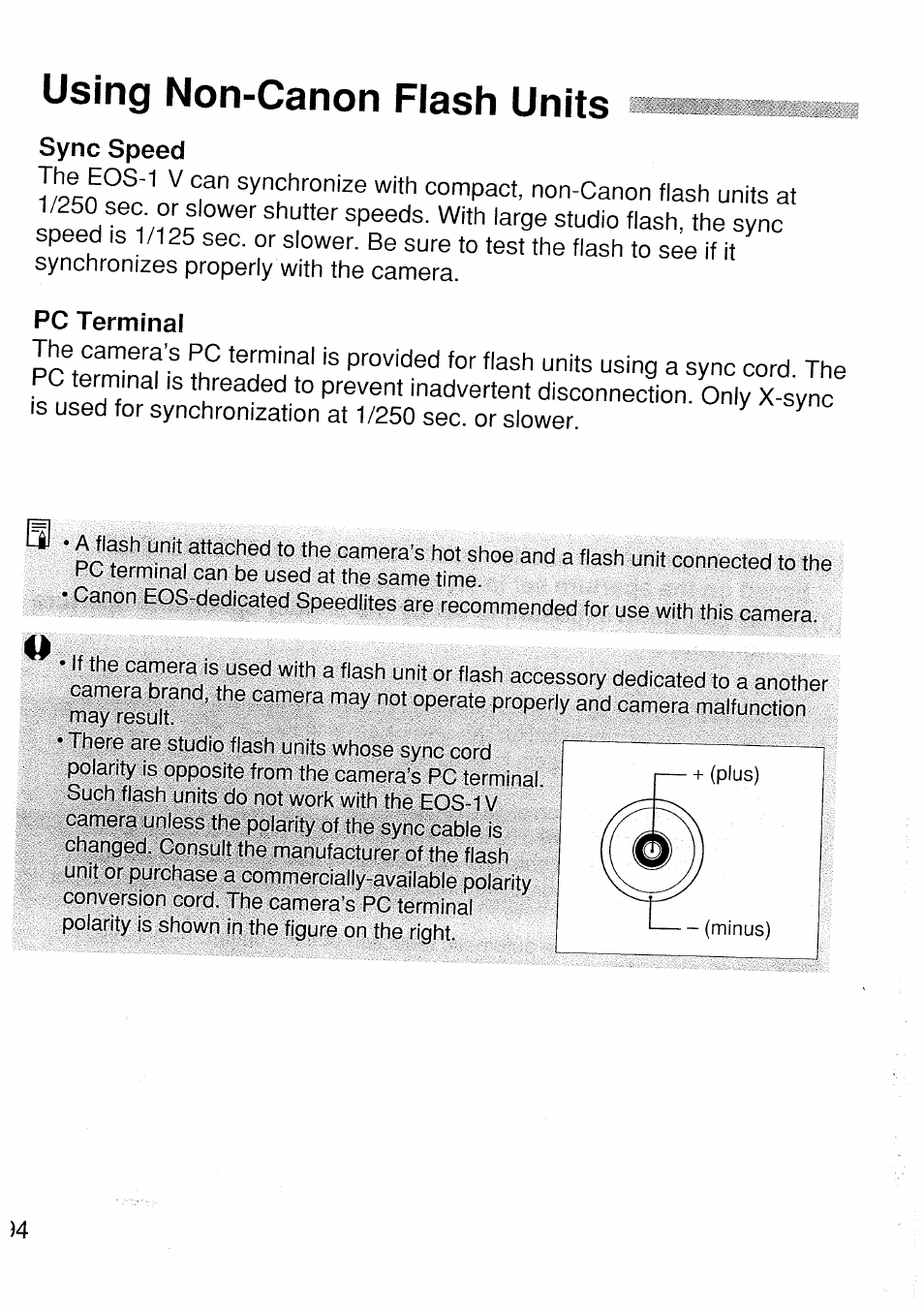 Using non-canon flash units, Sync speed, Pc terminal | Canon EOS 1 V HS User Manual | Page 94 / 143