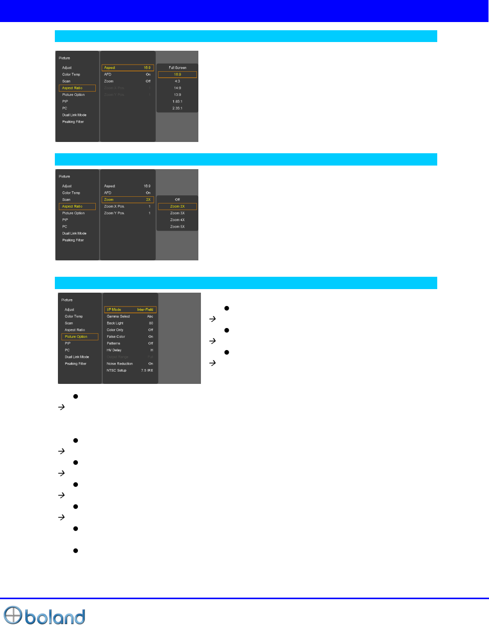 Picture menu | Boland Communications BVB Series User Manual | Page 13 / 26