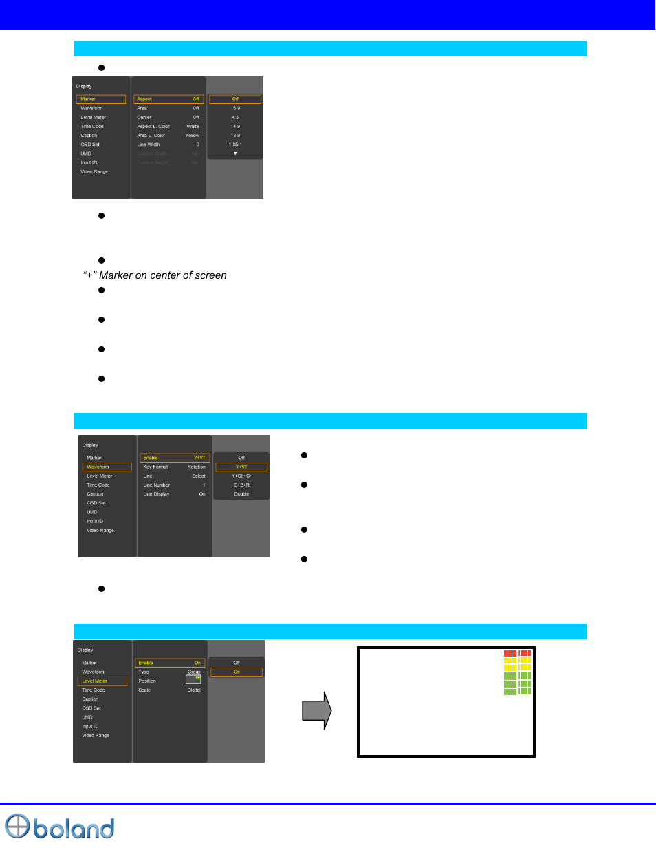 Display menu | Boland Communications BVB Series User Manual | Page 17 / 26