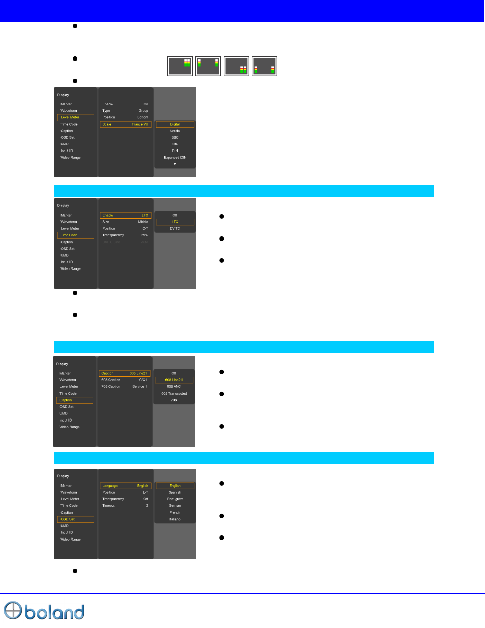 Display menu | Boland Communications BVB Series User Manual | Page 18 / 26