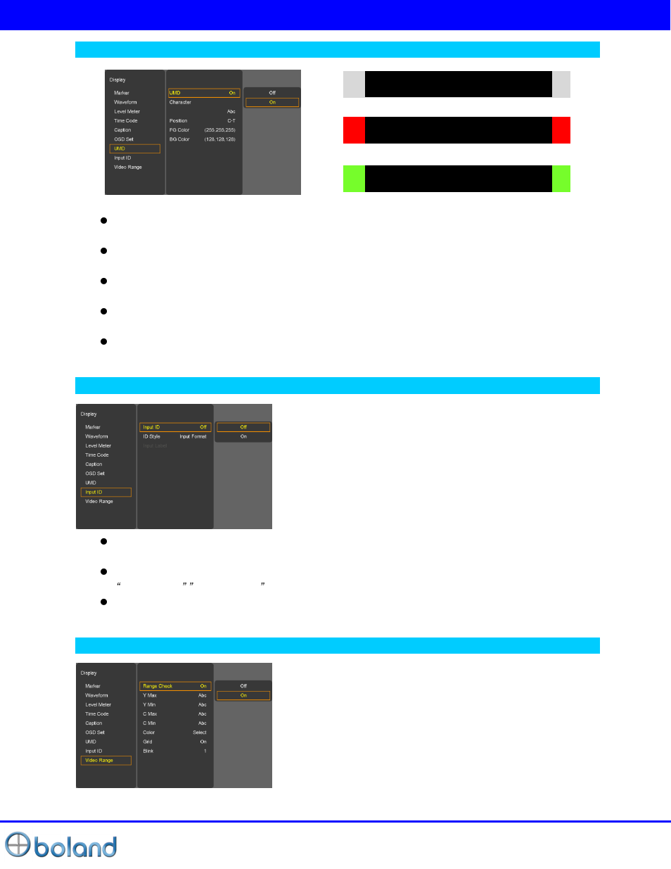 Display menu, Channel-012 | Boland Communications BVB Series User Manual | Page 19 / 26