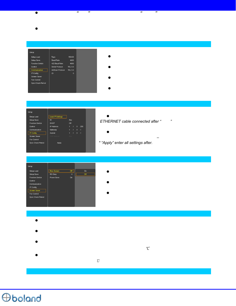 Setup menu | Boland Communications BVB Series User Manual | Page 22 / 26