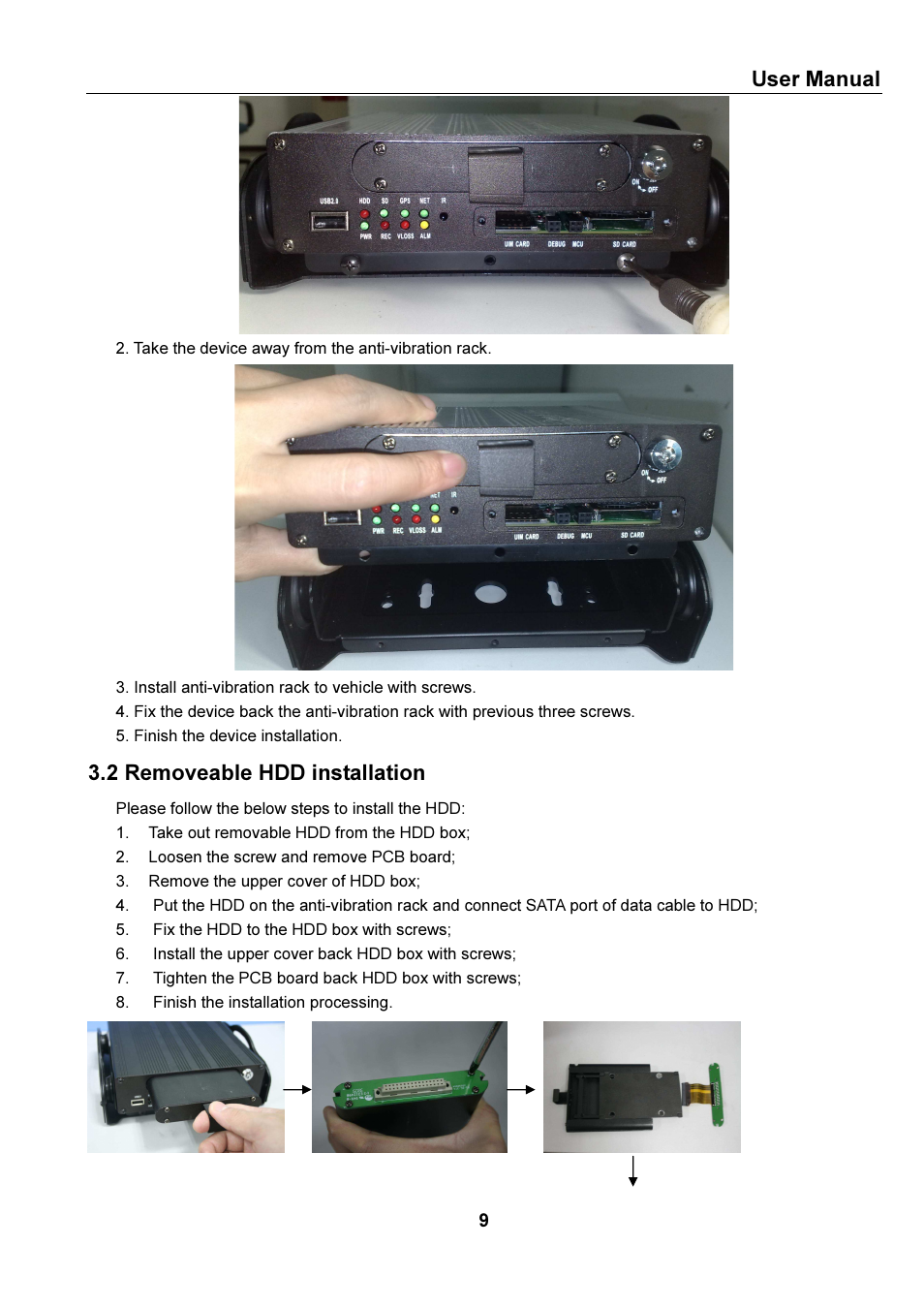 User manual, 2 removeable hdd installation | Bolide SVR9000s MO User Manual | Page 12 / 34