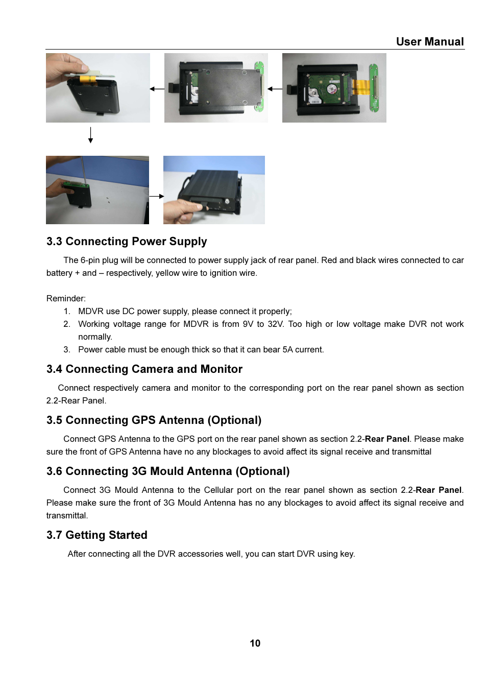 User manual, 3 connecting power supply, 4 connecting camera and monitor | 5 connecting gps antenna (optional), 6 connecting 3g mould antenna (optional), 7 getting started | Bolide SVR9000s MO User Manual | Page 13 / 34