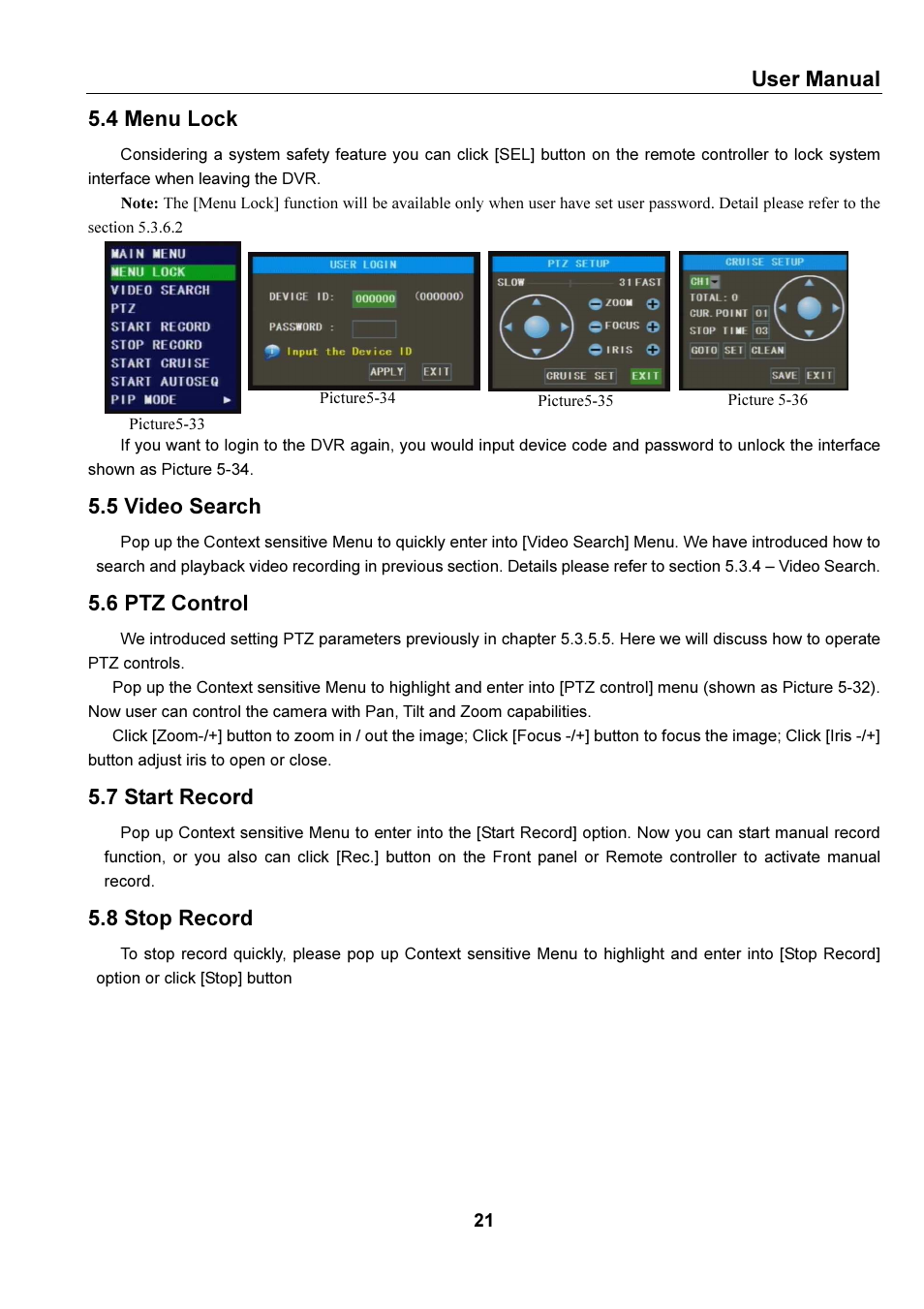 User manual, 4 menu lock, 5 video search | 6 ptz control, 7 start record, 8 stop record | Bolide SVR9000s MO User Manual | Page 24 / 34