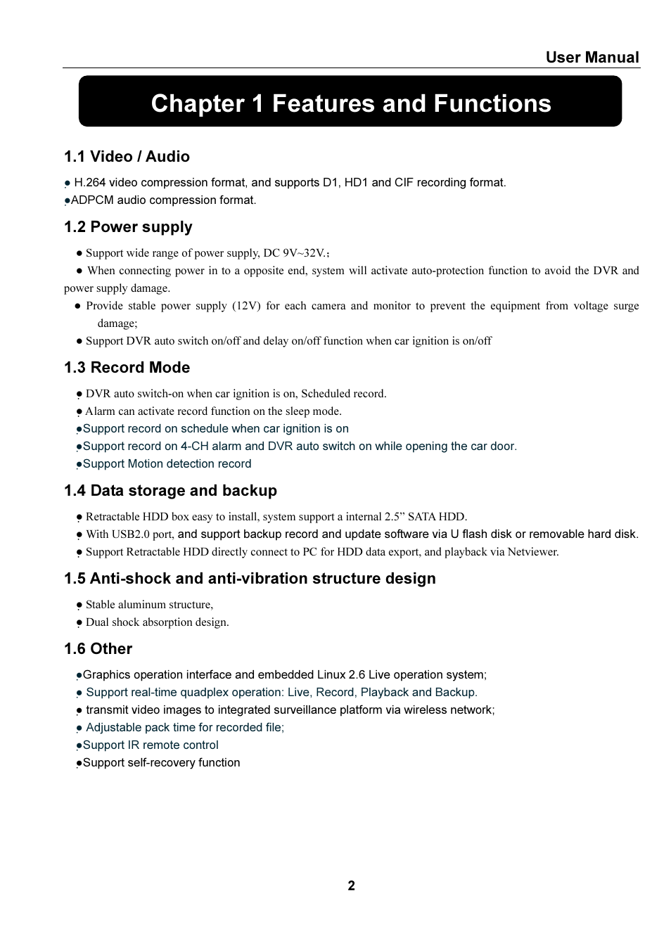 Chapter 1 features and functions, User manual, 1 video / audio | 2 power supply, 3 record mode, 4 data storage and backup, 5 anti-shock and anti-vibration structure design, 6 other | Bolide SVR9000s MO User Manual | Page 5 / 34