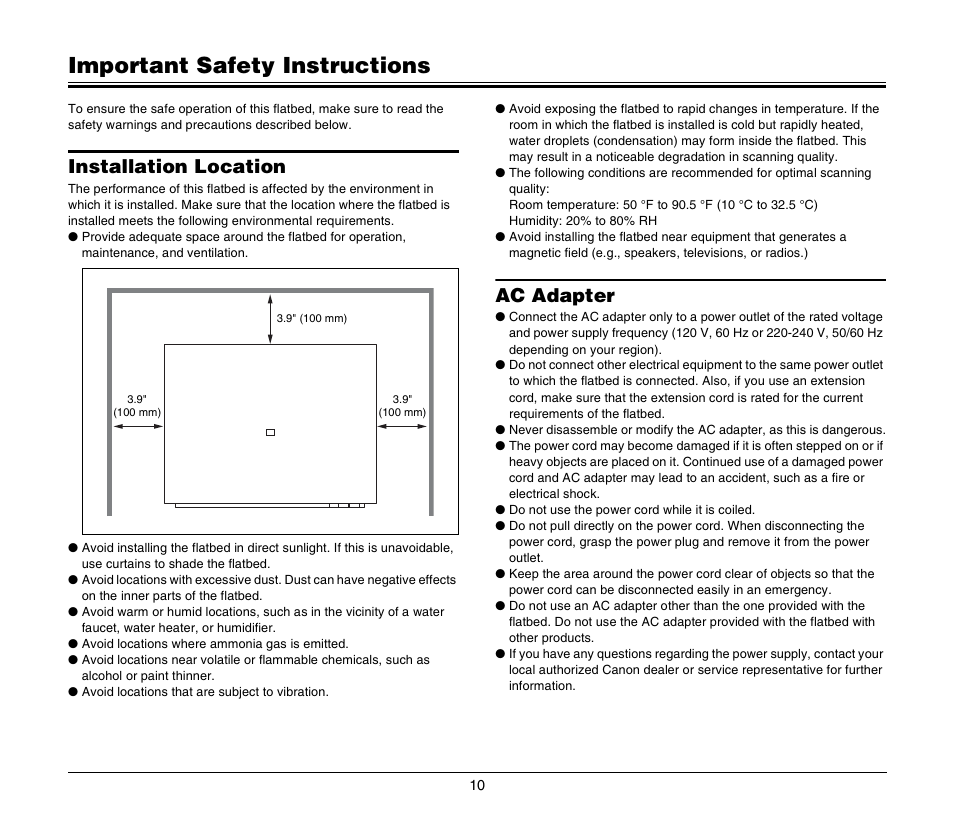 Important safety instructions, Installation location, Ac adapter | Installation location ac adapter | Canon Image Formula Flat Bed Scanner 201 User Manual | Page 10 / 29