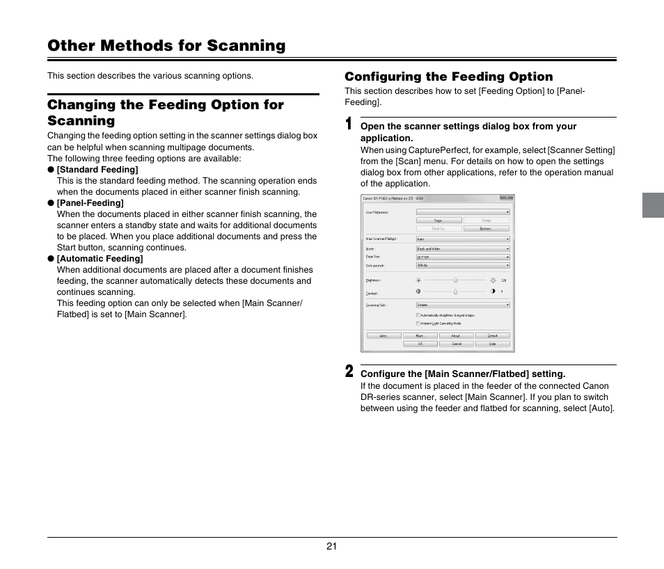 Other methods for scanning, Changing the feeding option for scanning | Canon Image Formula Flat Bed Scanner 201 User Manual | Page 21 / 29