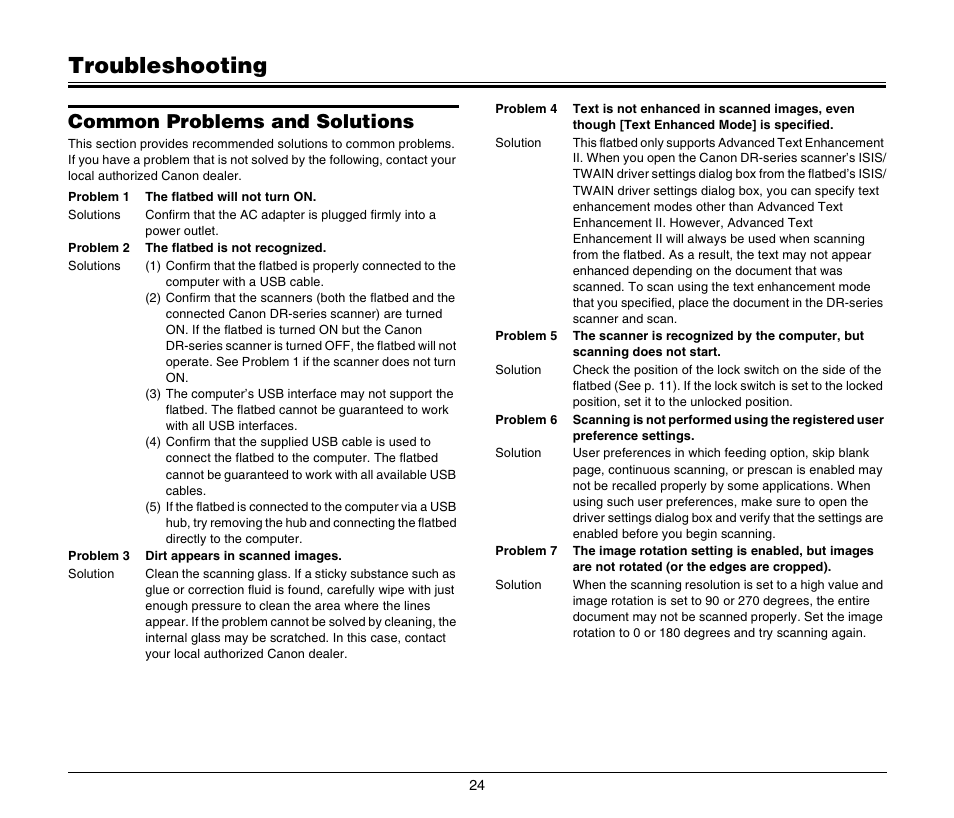 Troubleshooting, Common problems and solutions | Canon Image Formula Flat Bed Scanner 201 User Manual | Page 24 / 29