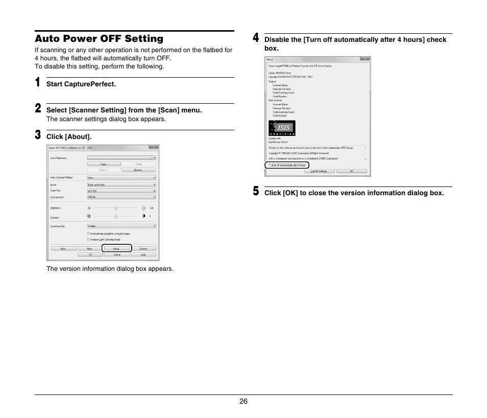 Auto power off setting | Canon Image Formula Flat Bed Scanner 201 User Manual | Page 26 / 29