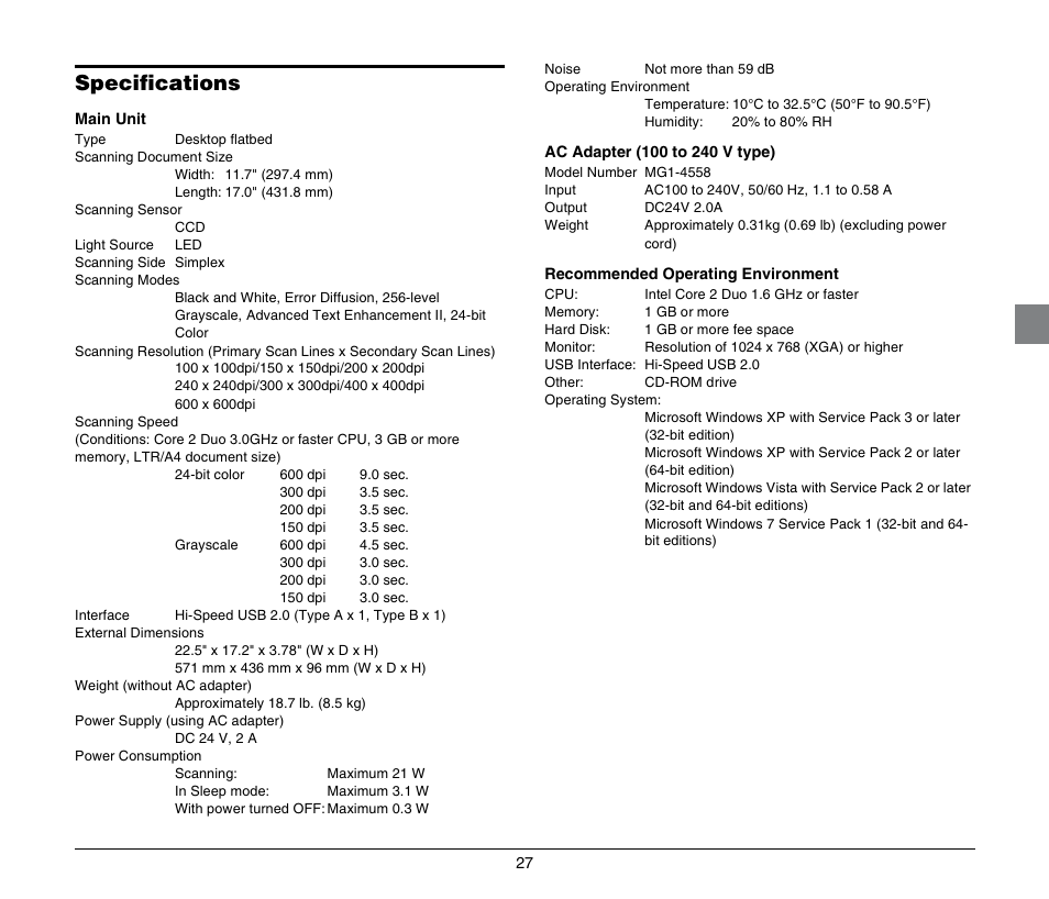 Specifications | Canon Image Formula Flat Bed Scanner 201 User Manual | Page 27 / 29