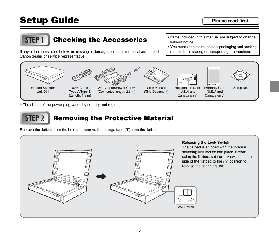 Setup guide, Checking the accessories, Removing the protective material | Canon Image Formula Flat Bed Scanner 201 User Manual | Page 5 / 29