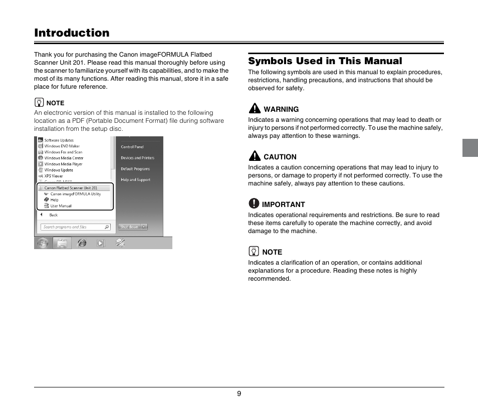 Introduction, Symbols used in this manual | Canon Image Formula Flat Bed Scanner 201 User Manual | Page 9 / 29