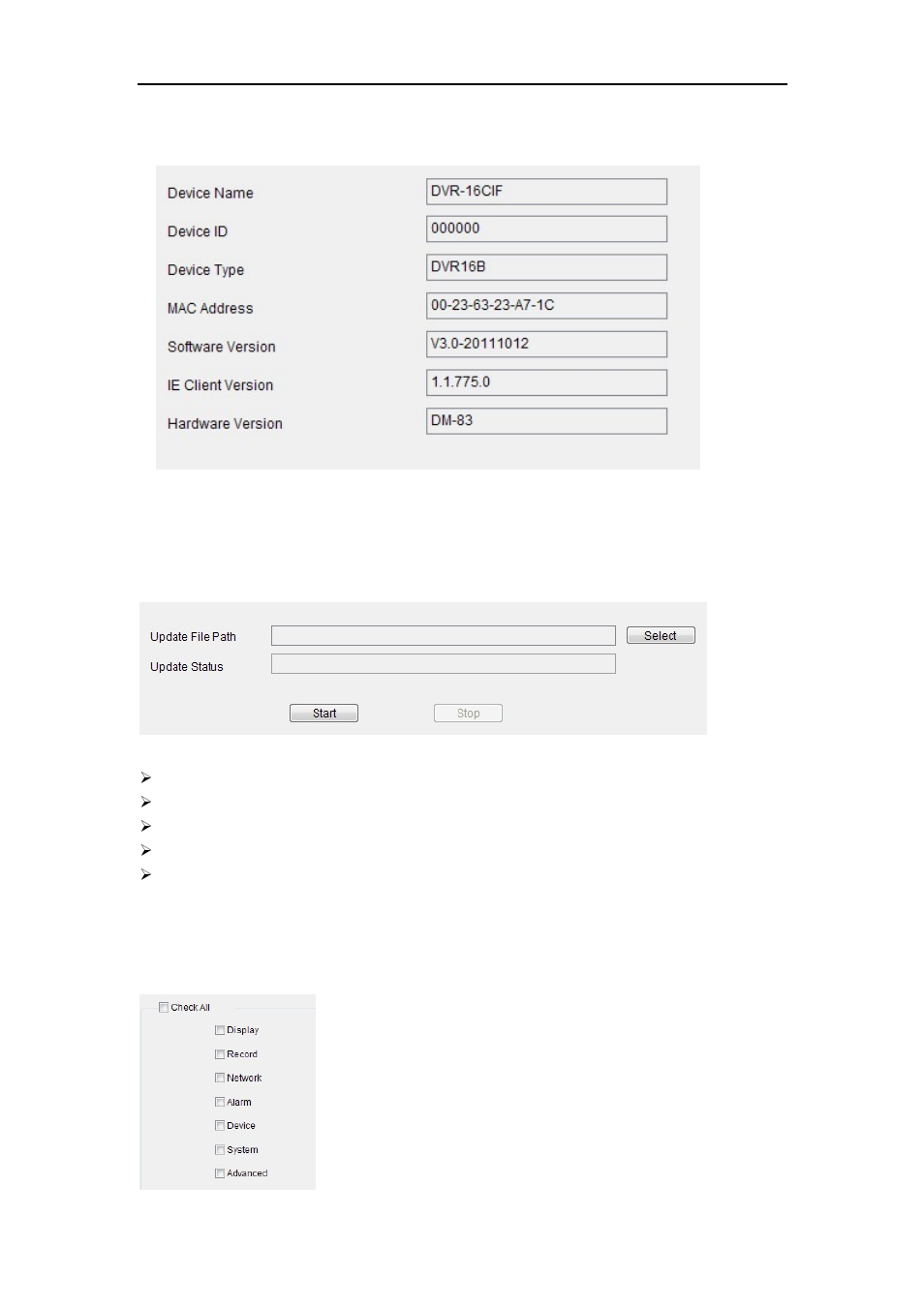 3 info, 7 advanced, 1 firmware update | 2 load default | Bolide Dvr Client User Manual | Page 40 / 45