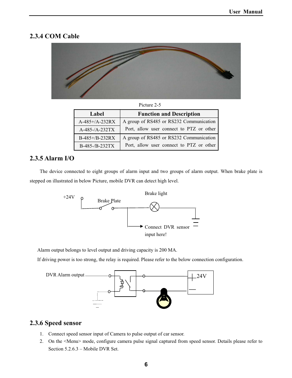 4 com cable, 5 alarm i/o, 6 speed sensor | Bolide SVR9000DMOB_W User Manual | Page 10 / 37