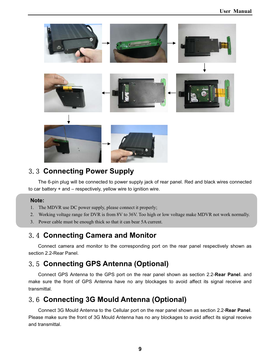 Connecting power supply, Connecting camera and monitor, Connecting gps antenna (optional) | Connecting 3g mould antenna (optional) | Bolide SVR9000DMOB_W User Manual | Page 13 / 37