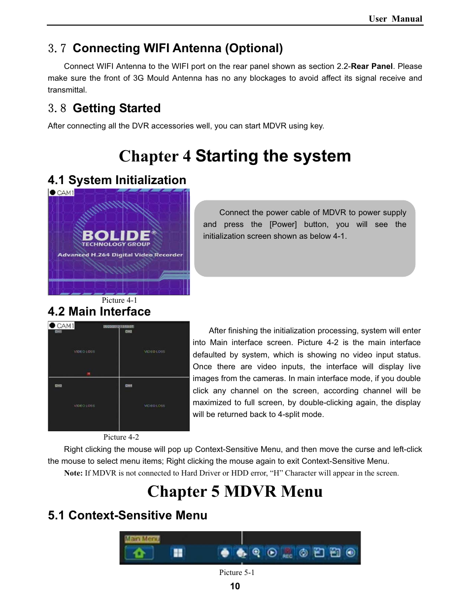 Chapter 4 starting the system, Chapter 5 mdvr menu, Connecting wifi antenna (optional) | Getting started, 1 system initialization, 2 main interface, 1 context-sensitive menu | Bolide SVR9000DMOB_W User Manual | Page 14 / 37