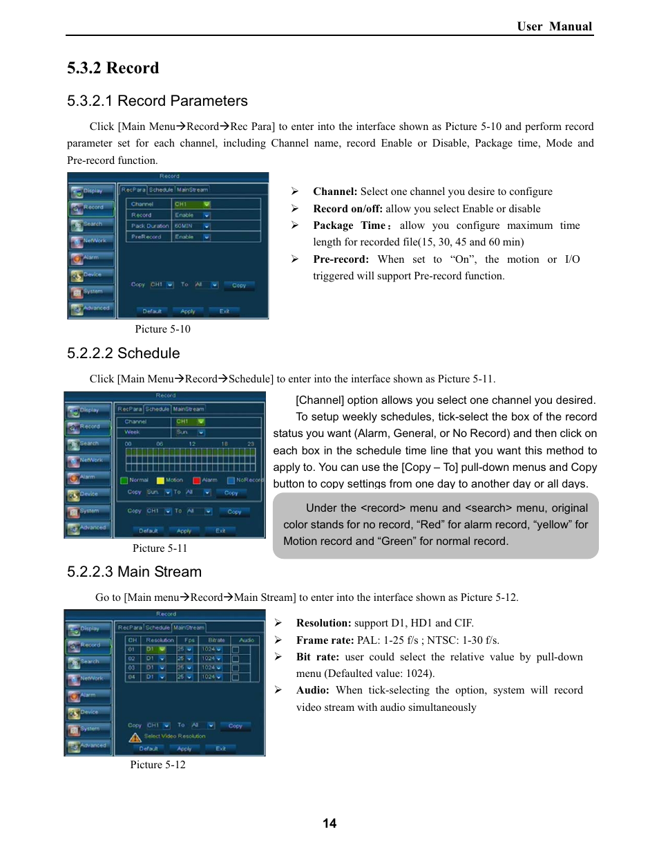 2 record, 1 record parameters, 2 schedule | 3 main stream | Bolide SVR9000DMOB_W User Manual | Page 18 / 37