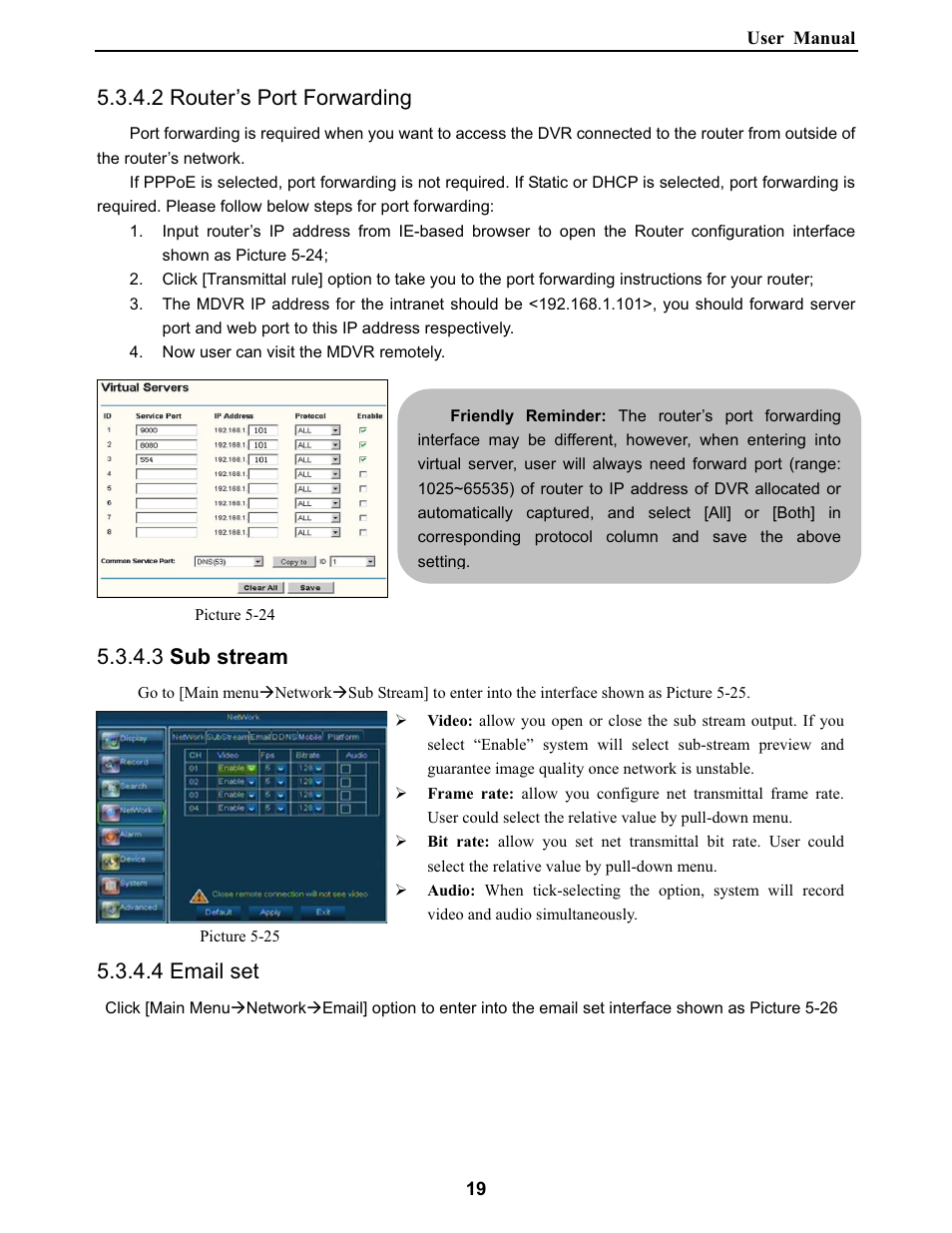 2 router’s port forwarding, 3 sub stream, 4 email set | Bolide SVR9000DMOB_W User Manual | Page 23 / 37