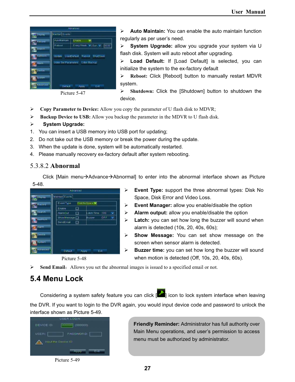 4 menu lock, 2 abnormal | Bolide SVR9000DMOB_W User Manual | Page 31 / 37