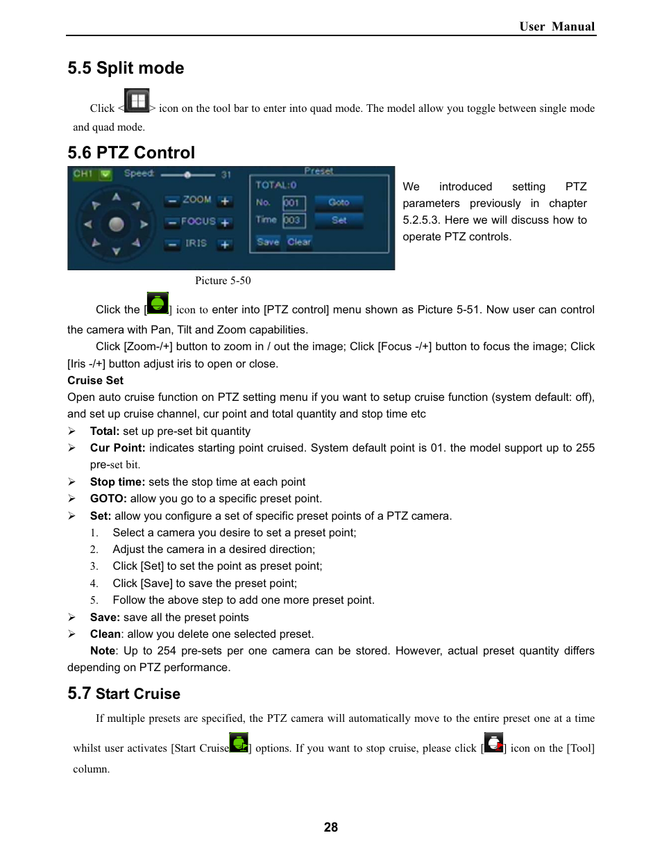 5 split mode, 6 ptz control, Start cruise | Bolide SVR9000DMOB_W User Manual | Page 32 / 37