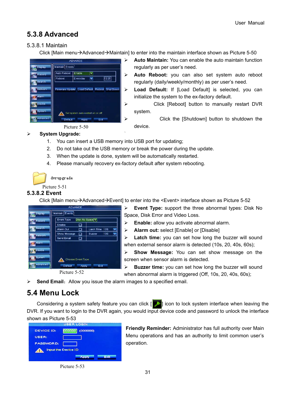 4 menu lock, 8 advanced | Bolide SVR9000D User Manual | Page 32 / 58