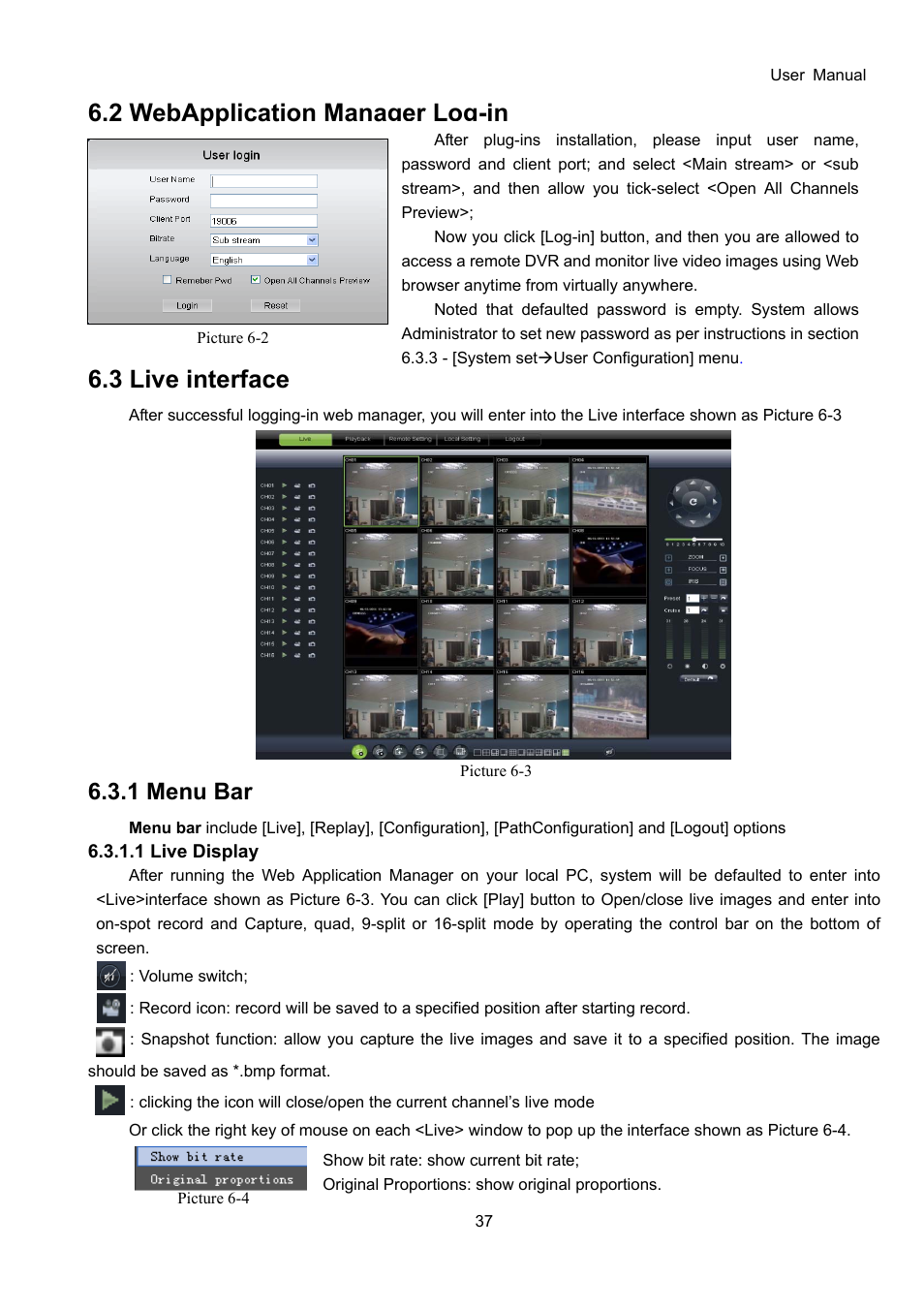 2 webapplication manager log-in, 3 live interface, 1 menu bar | Bolide SVR9000D User Manual | Page 38 / 58