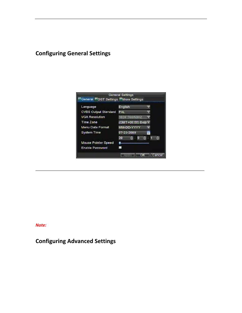 Configuring system settings, Configuring general settings, Configuring advanced settings | Bolide SVR8000s User Manual | Page 84 / 97