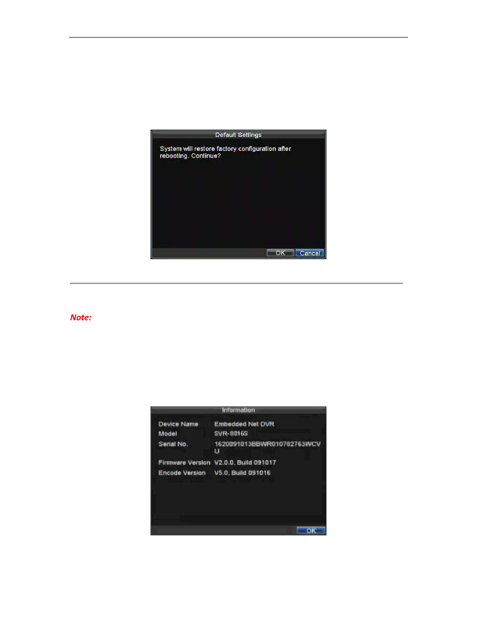 Restoring default settings, Viewing system information | Bolide SVR8000s User Manual | Page 92 / 97