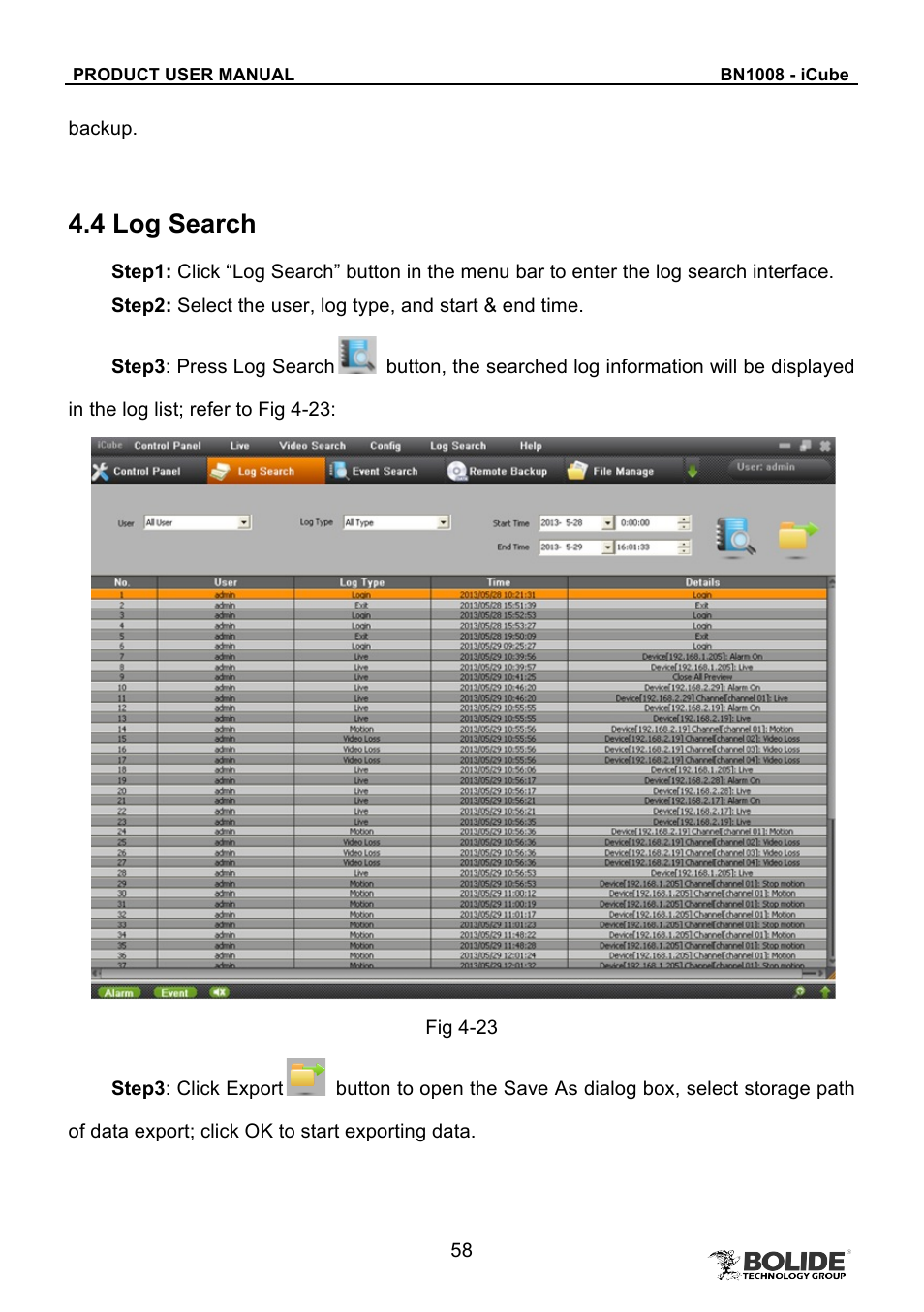 4 log search | Bolide BN1008 - iCube User Manual | Page 62 / 66