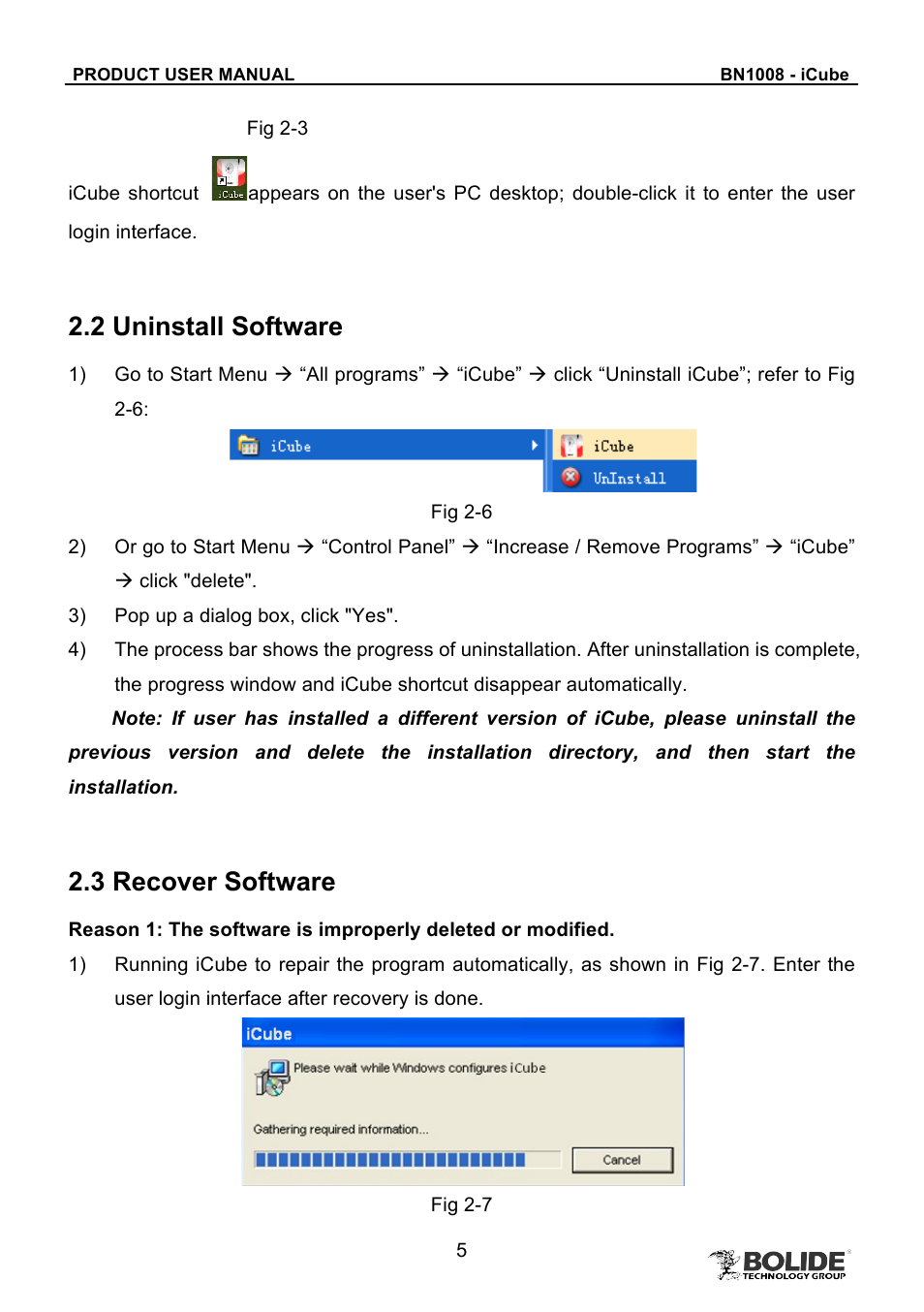 2 uninstall software, 3 recover software | Bolide BN1008 - iCube User Manual | Page 9 / 66