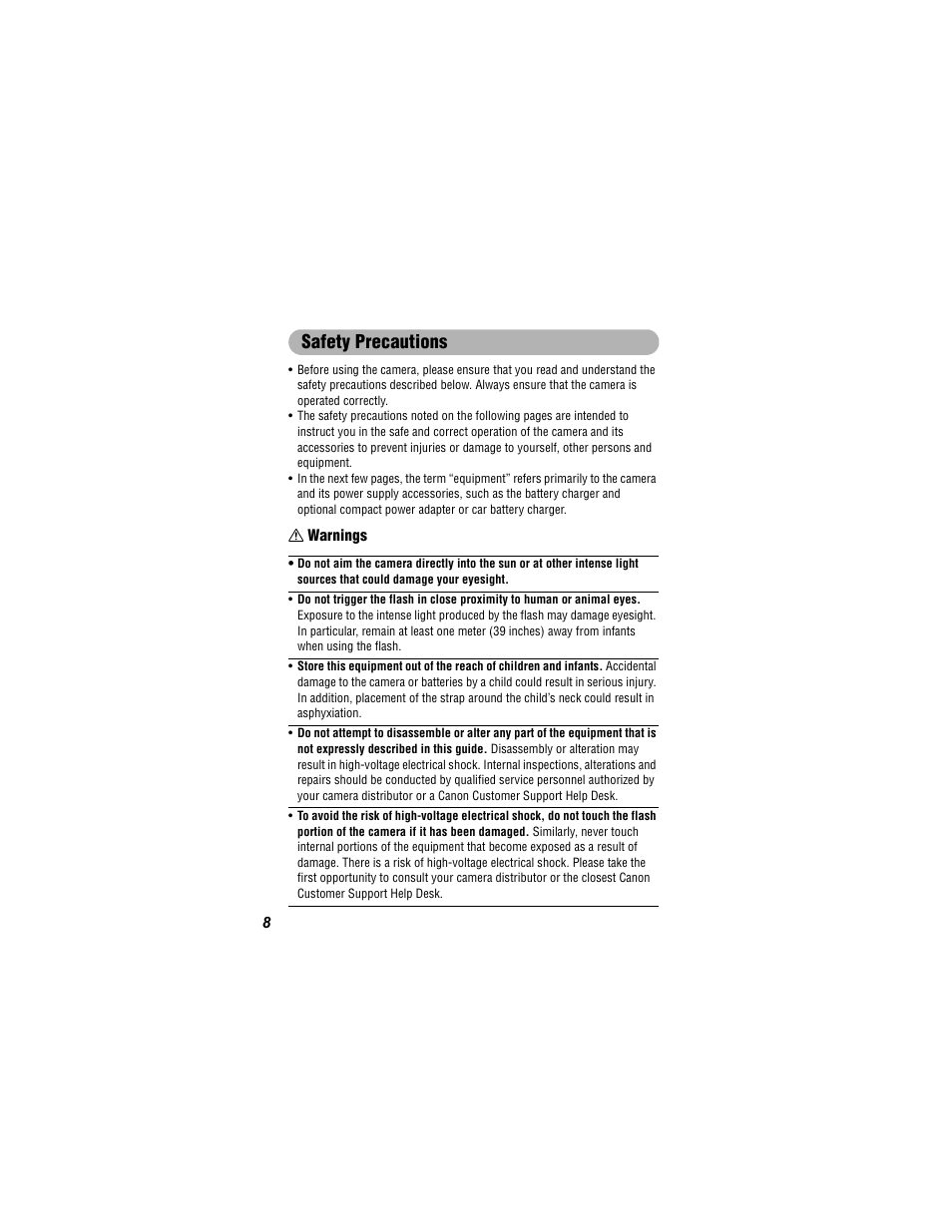 Safety precautions | Canon 430 User Manual | Page 10 / 164