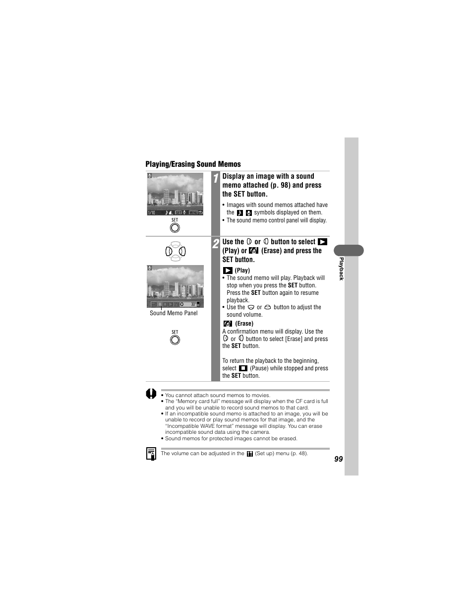 You cannot attach sound memos to movies, Sound memos for protected images cannot be erased | Canon 430 User Manual | Page 101 / 164