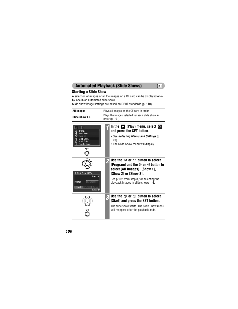 Automated playback (slide shows) | Canon 430 User Manual | Page 102 / 164