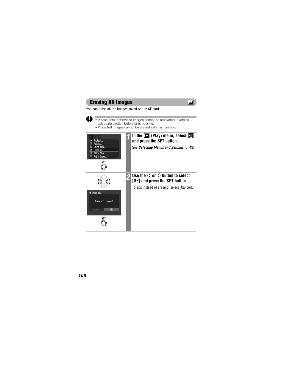 Erasing all images | Canon 430 User Manual | Page 108 / 164