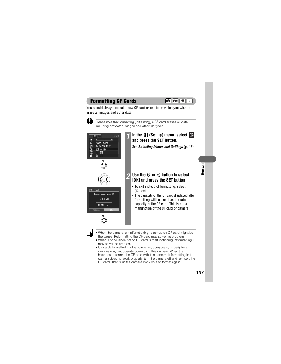 Formatting cf cards | Canon 430 User Manual | Page 109 / 164