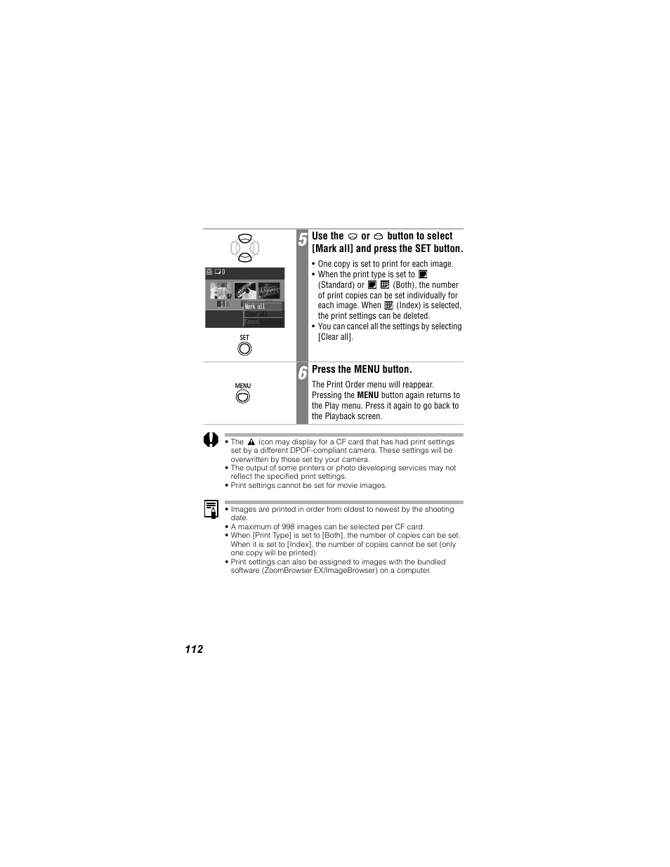 Print settings cannot be set for movie images | Canon 430 User Manual | Page 114 / 164