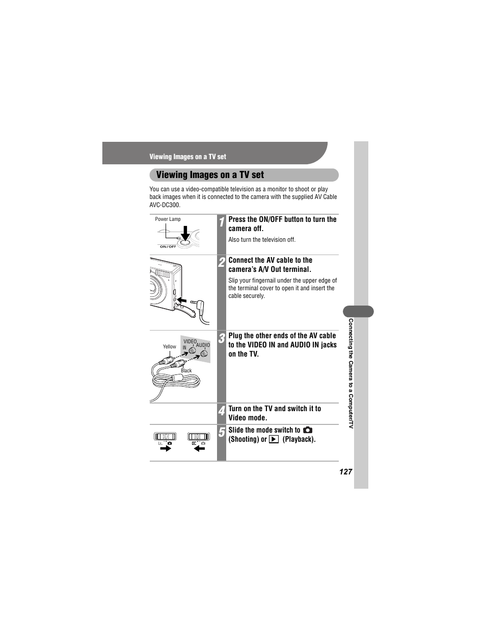 Viewing images on a tv set | Canon 430 User Manual | Page 129 / 164