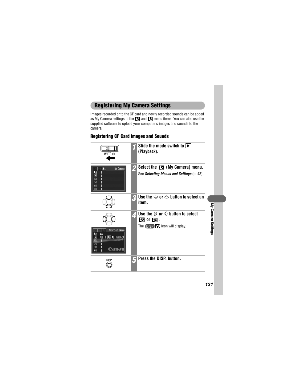 Registering my camera settings | Canon 430 User Manual | Page 133 / 164