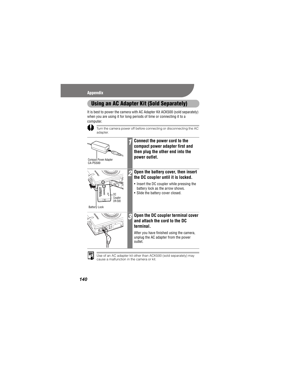 Using an ac adapter kit (sold separately) | Canon 430 User Manual | Page 142 / 164