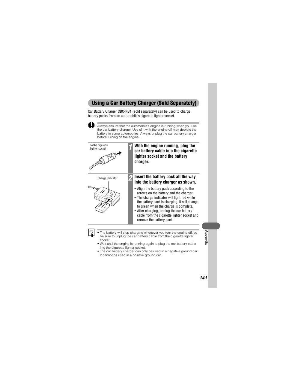 Using a car battery charger (sold separately) | Canon 430 User Manual | Page 143 / 164