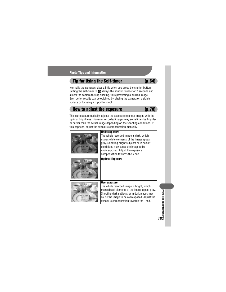 Tip for using the self-timer (p.64), How to adjust the exposure (p.78) | Canon 430 User Manual | Page 155 / 164