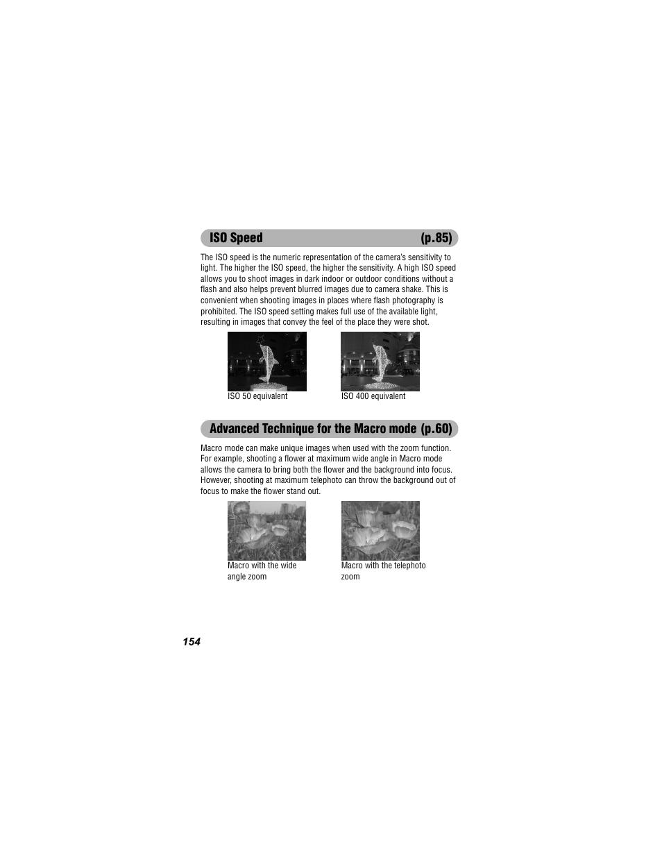 Iso speed (p.85), Advanced technique for the macro mode (p.60) | Canon 430 User Manual | Page 156 / 164