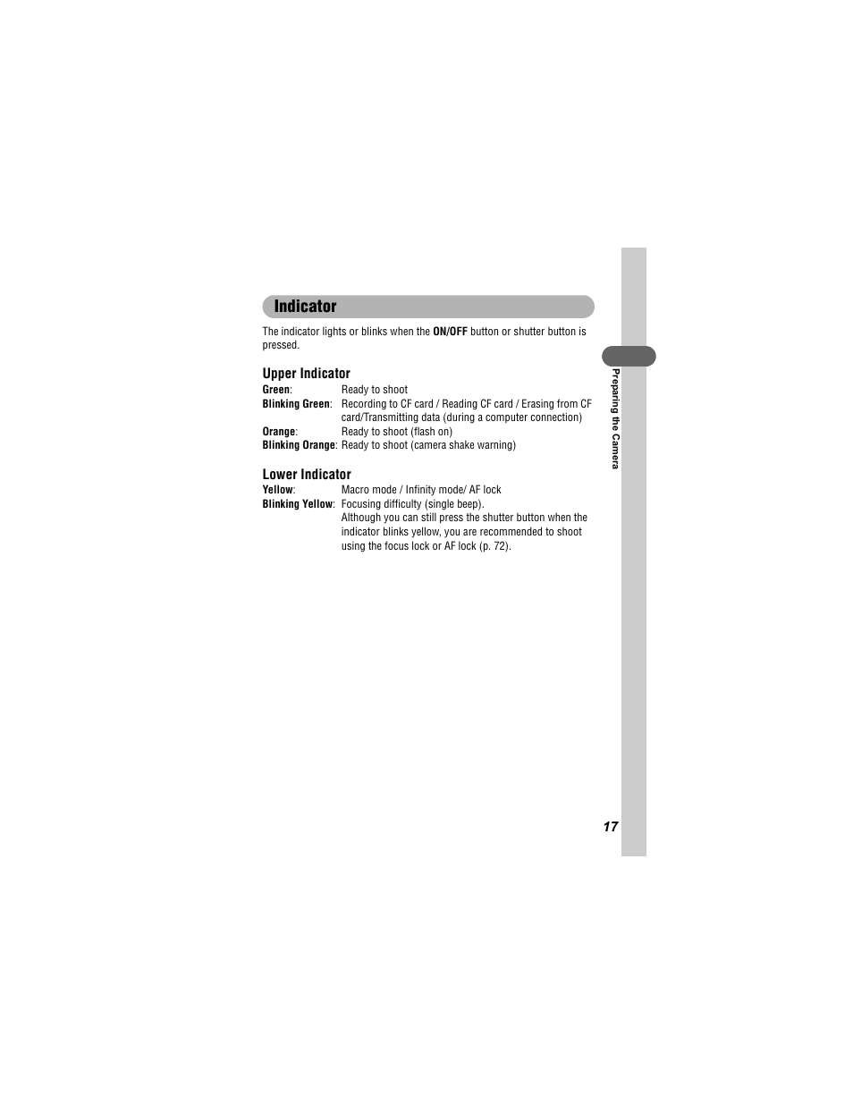 Indicator | Canon 430 User Manual | Page 19 / 164