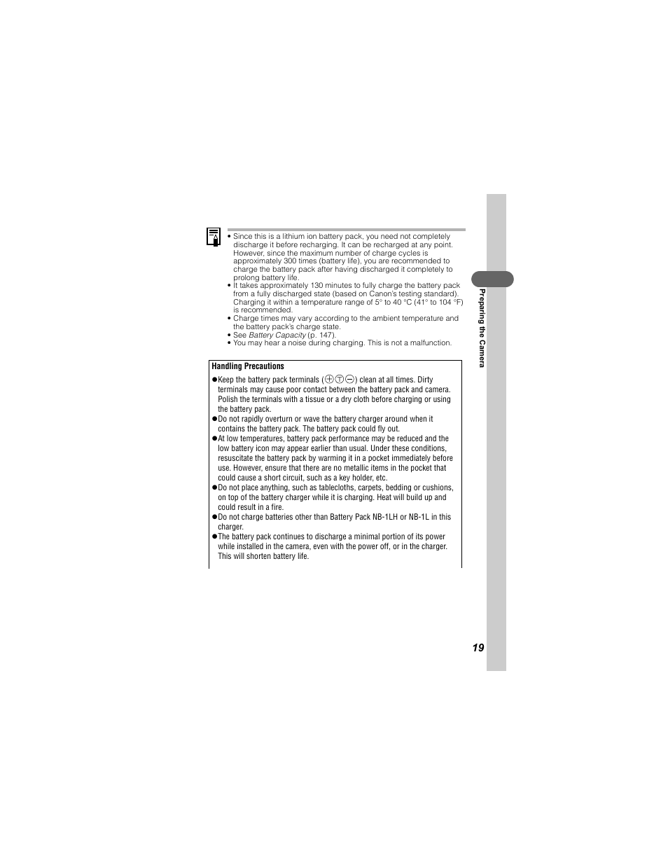 See battery capacity (p. 147) | Canon 430 User Manual | Page 21 / 164