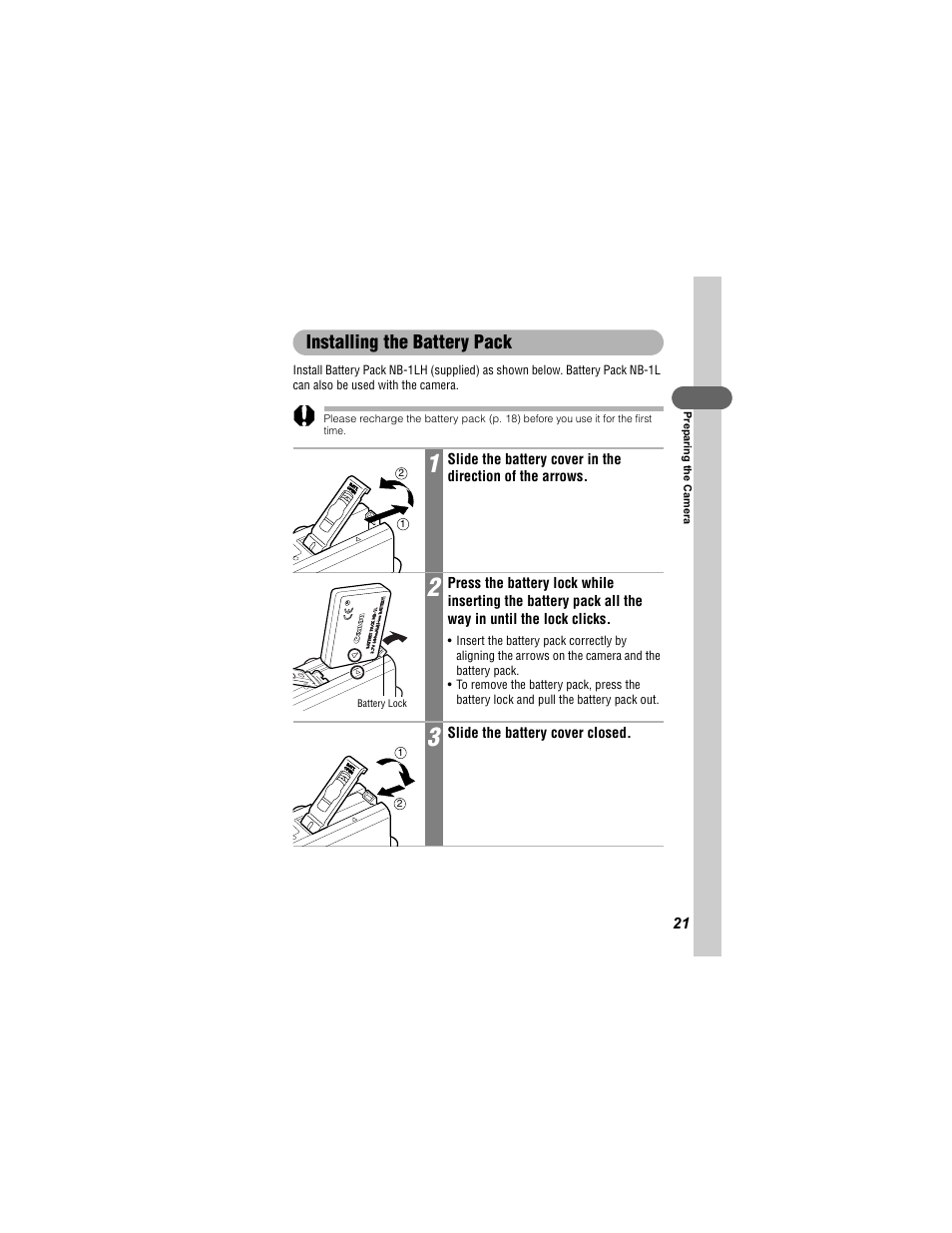 Installing the battery pack | Canon 430 User Manual | Page 23 / 164